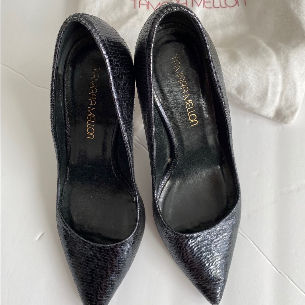 Tamara Mellon Black Croc Print Heels.